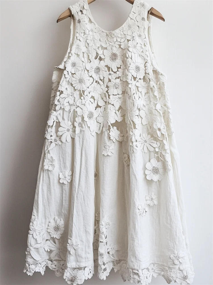 Classy 3d Floral Hollow Lace Patchwork Linen Tank Dress