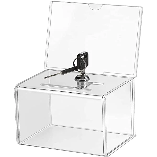 MaxGear® (6.25" x 4.5" x 4") Clear Acrylic Donation Box with Lock and Sign Holder Sugesstion Ballot Box for Fundraising,Secure Box Tip Jars for Business Cards