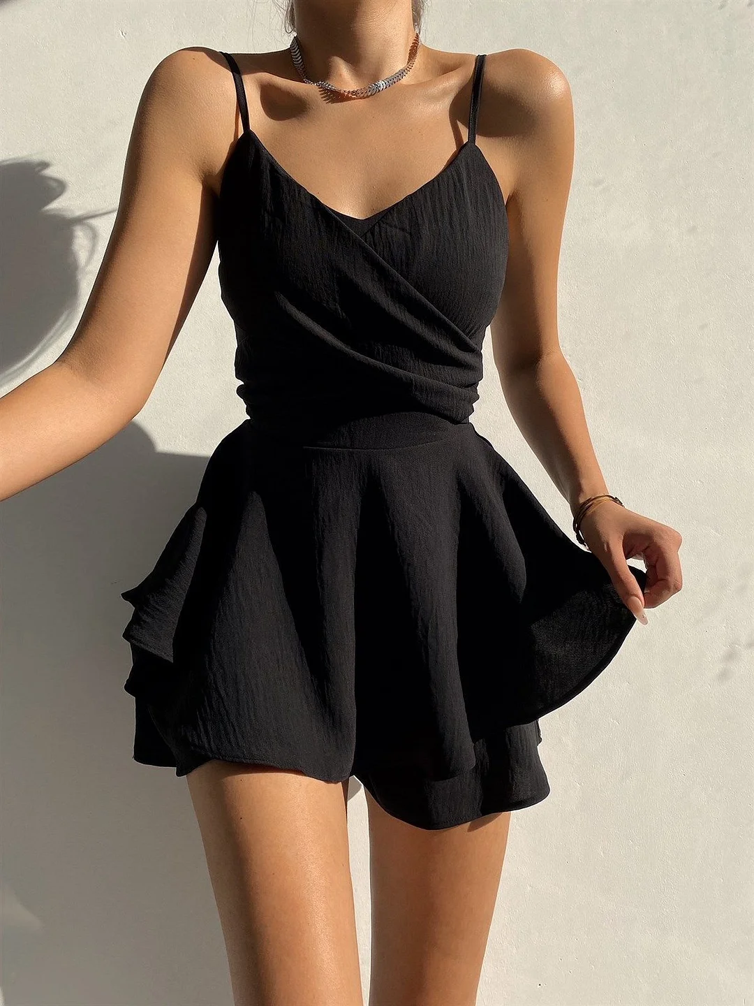 Neosepa-Lady Deep V Neck Pleated Bodice Pure Color Tired Skirt Slip Dress