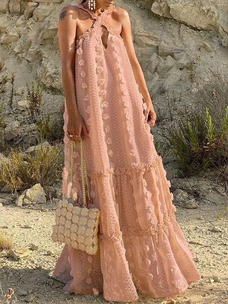 Elegant Cross Straps Rosette Ruffle Quilted Oversized Maxi Dress