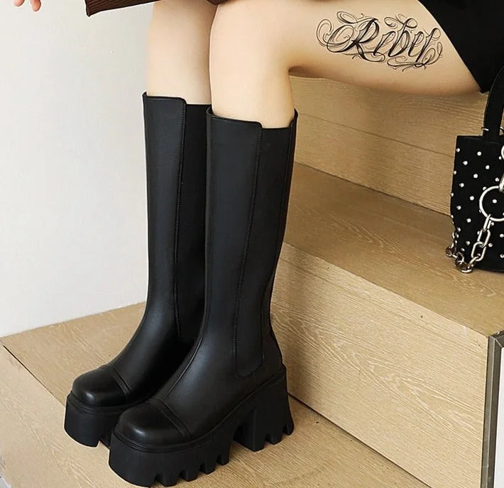 Vstacam Goth Boots Women Knee High Boots Platform Plus Size Chunky Heel Black Fall Punk Fur Boots Office Lady Soft Leather Street