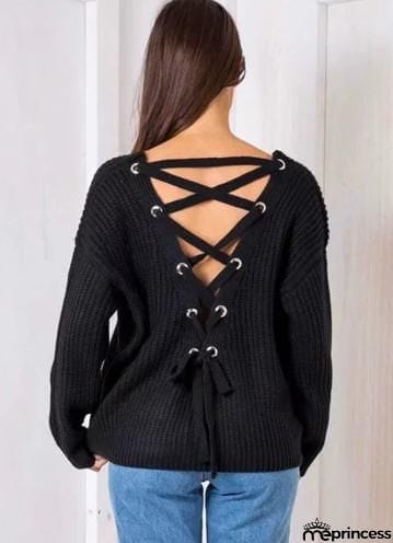 V Neck Solid Color Long Sleeve Knit Sweater