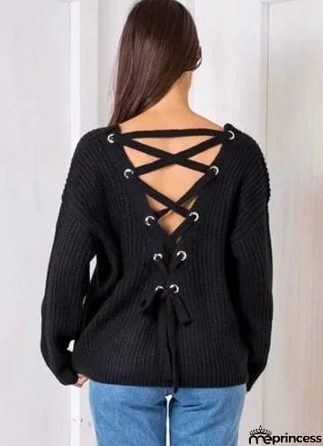 V Neck Solid Color Long Sleeve Knit Sweater