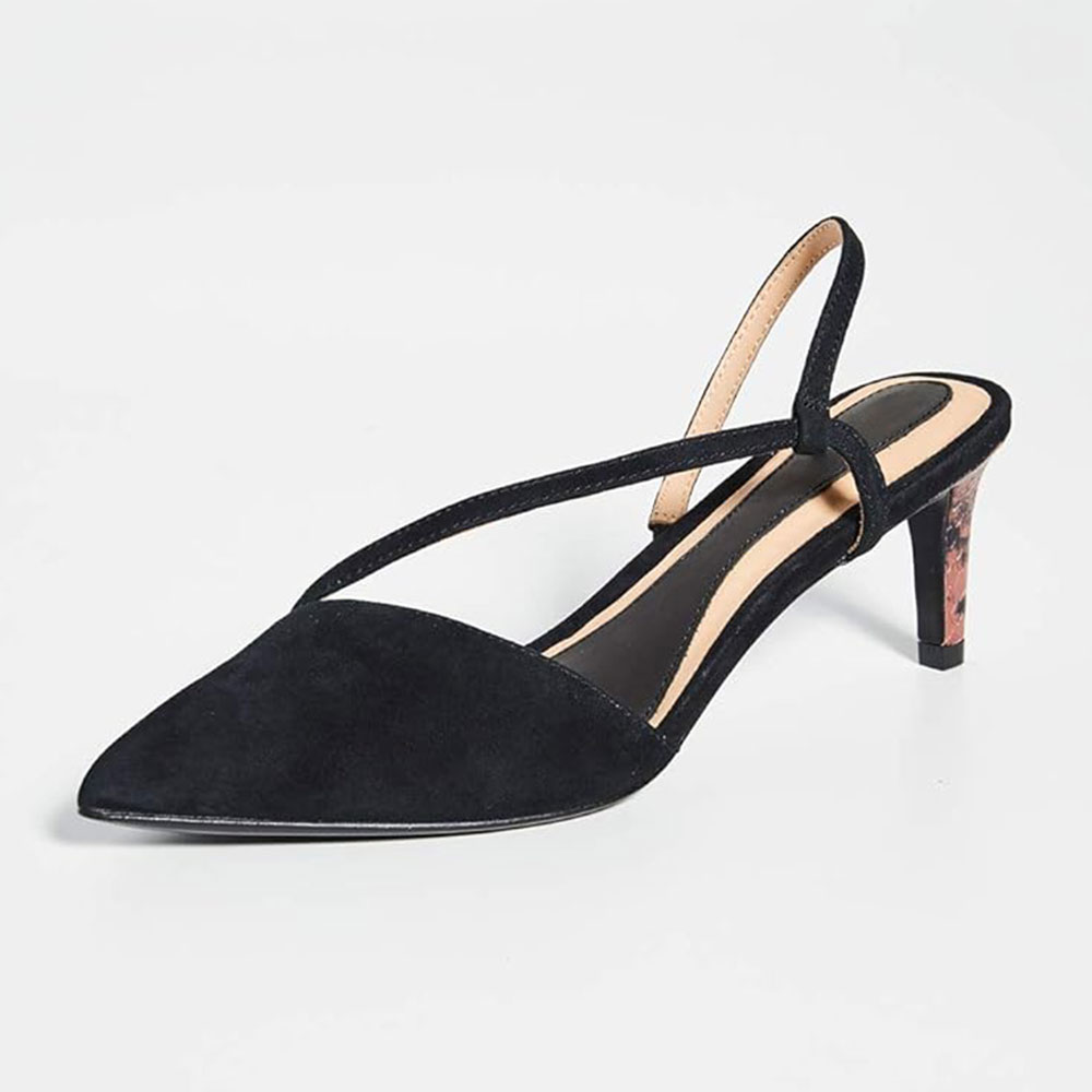 Black Strap Snake Printed Heel Slingback Pumps with Pointed Toe Nicepairs
