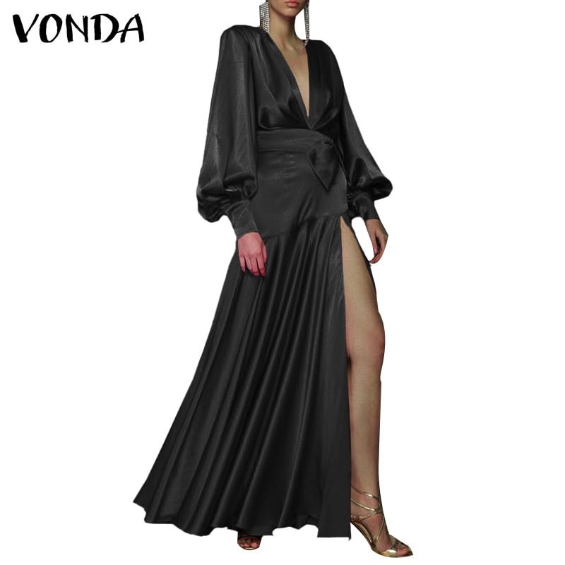 Party Dress VONDA 2022 Summer Long Sleeve High Slit Pleated Maxi Dresses Sexy Deep V Neck Women Belted Robe Bohemian Vestidos