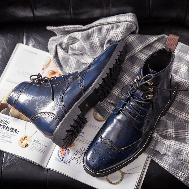 YRZL Men Boots Lace Up Versatile Non-slip Waterpoor Men Leather Shoes Round Toe Short Plush Business Boot for Men 38-48