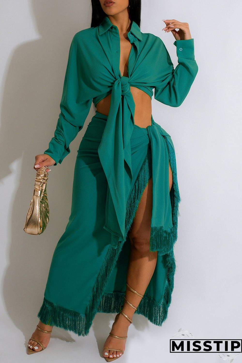 White Casual Solid Frenulum Slit Turndown Collar Long Sleeve Two Pieces