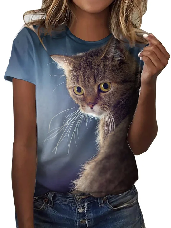 Women's Tops T-shirt Brown Cat 3D Print Women's Short-sleeved Round Neck Casual