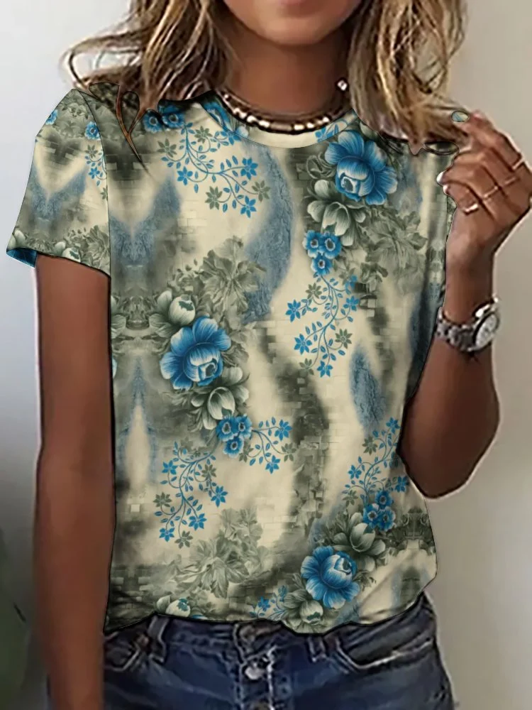 Printed Short Sleeve Casual T-shirt for  Women and Men Unisex Pattern Beige, Black, Floral, Blue