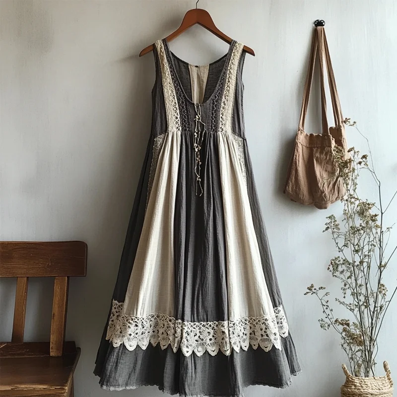 Retro Lace Patchwork Comfy Linen Tank Dress