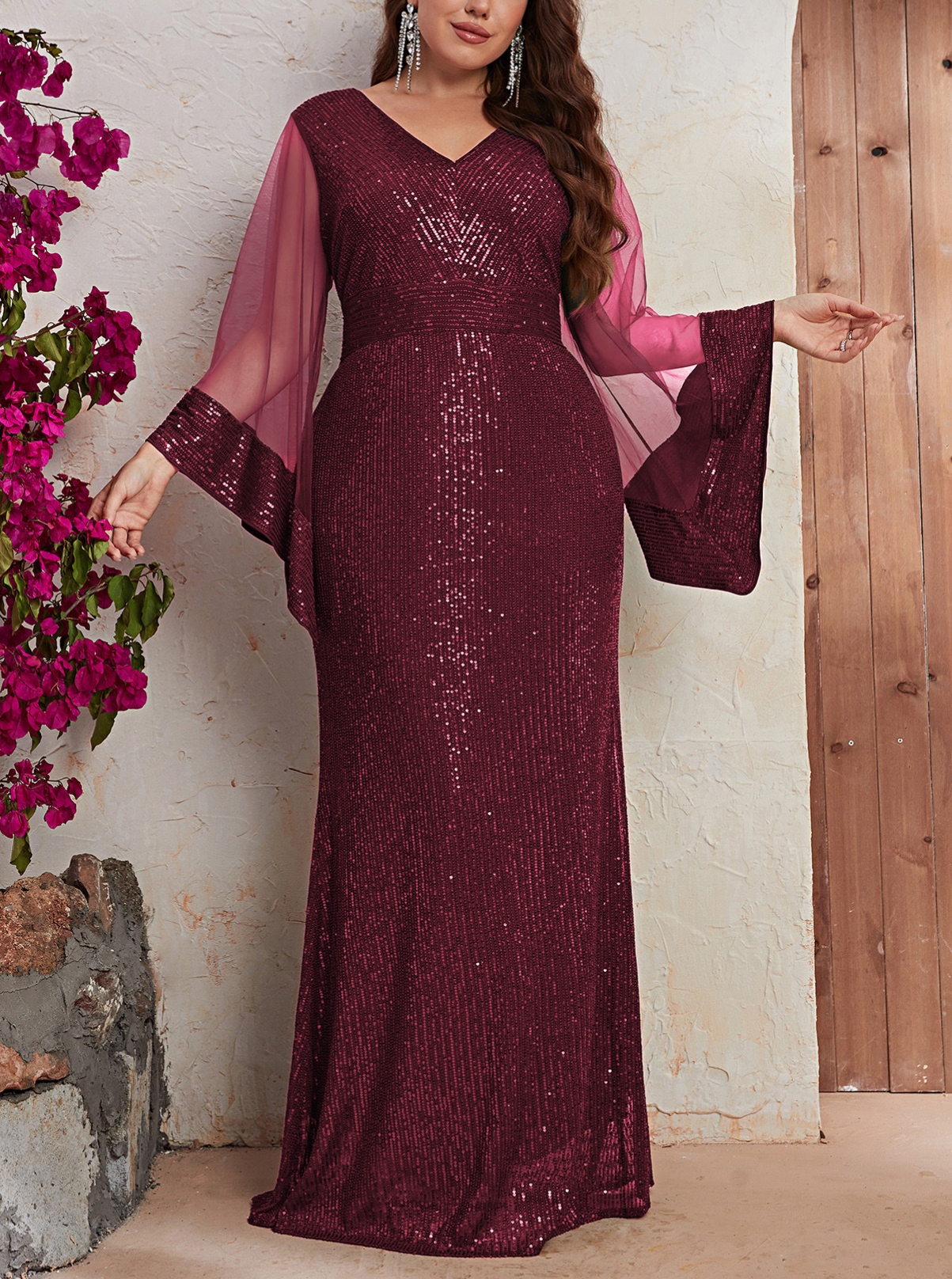 Women's Red Sequins Plus Size Beaded Patchwork Mesh Sleeve Middle East Evening Dresses | Oxredo Shop Ramadan Sale
