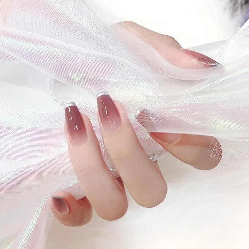 24PCS/box Gradient Color Ballet Med-Length Fake Nails press on full cover Wearing Wearable acrylic nail tips with glue for girls-Nail Inspo