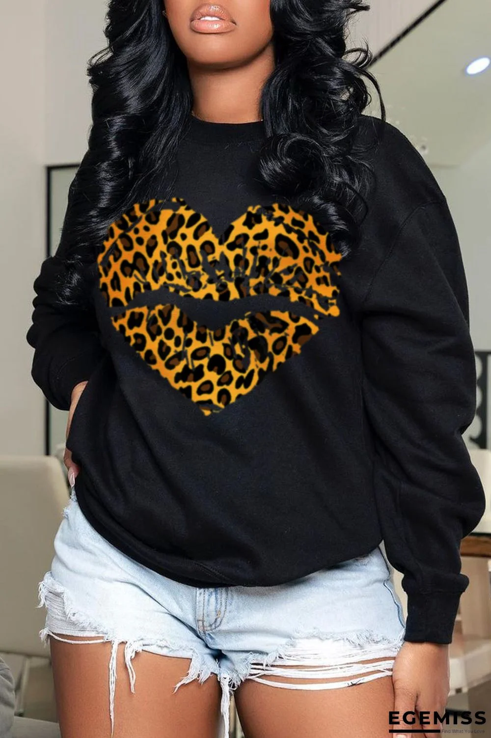 Black Fashion Street Leopard Lips Printed Patchwork O Neck Tops | EGEMISS