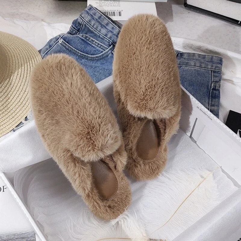 Women Mules Fur Slippers Home Winter Shoes Plush Female Fashion Warm Comfort Couple Flats Shoe Ladies Plus Size Elegant Luxury