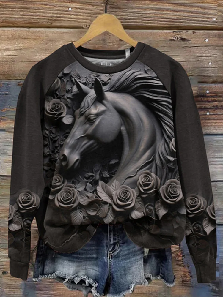 Art Horse Print Casual Crew Neck Sweatshirt