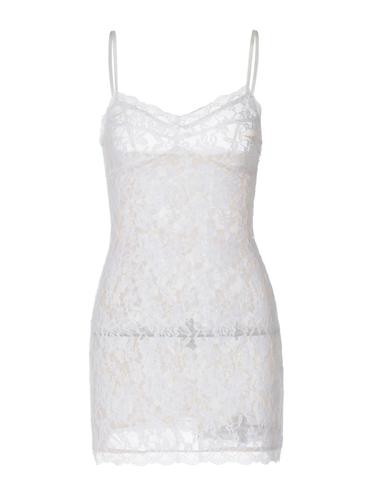 Brownm Women's Clothing 2024 Spring And Summer New Sexy Hot Lace Perspective Dress Hollow Sling Bag Hips Short Woman