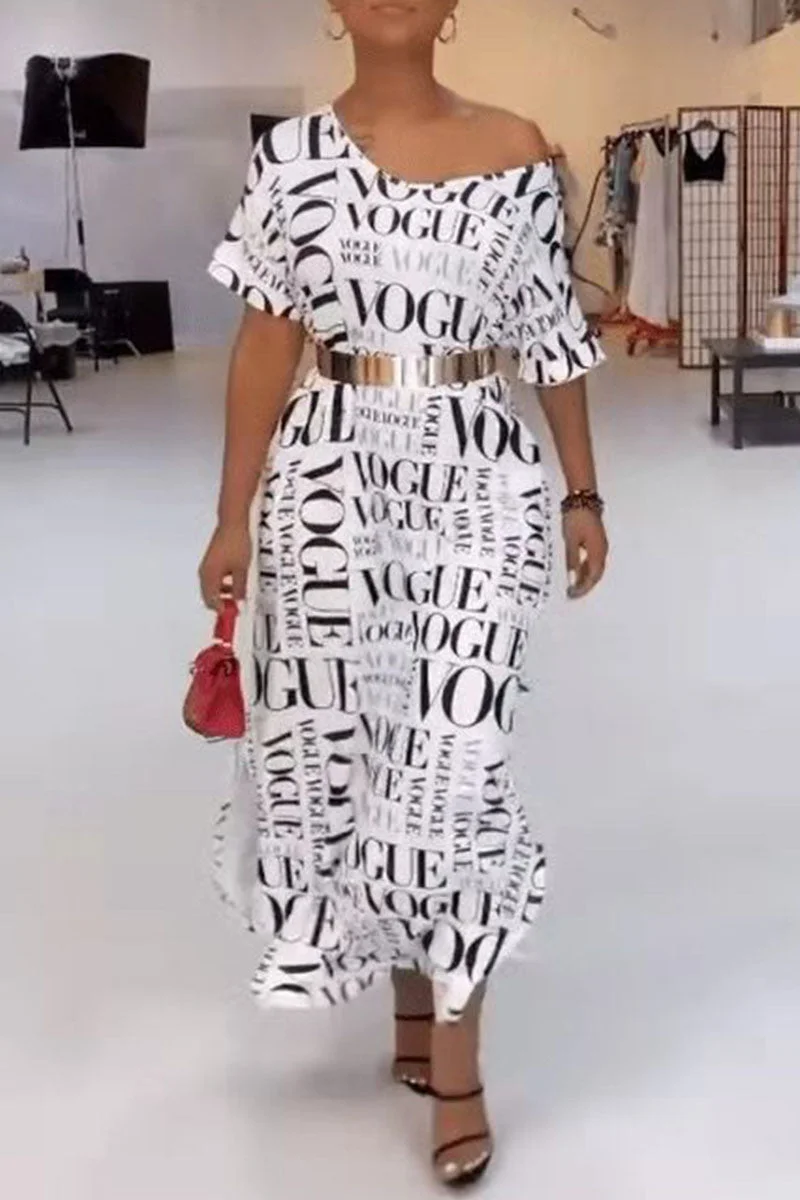 Casual Street Print Patchwork Without Belt Oblique Collar Straight Dresses(Without Belt)