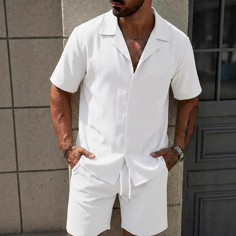 Herren einfarbiges Freizeit-Set: Hemd und Shorts mit Kordelzug