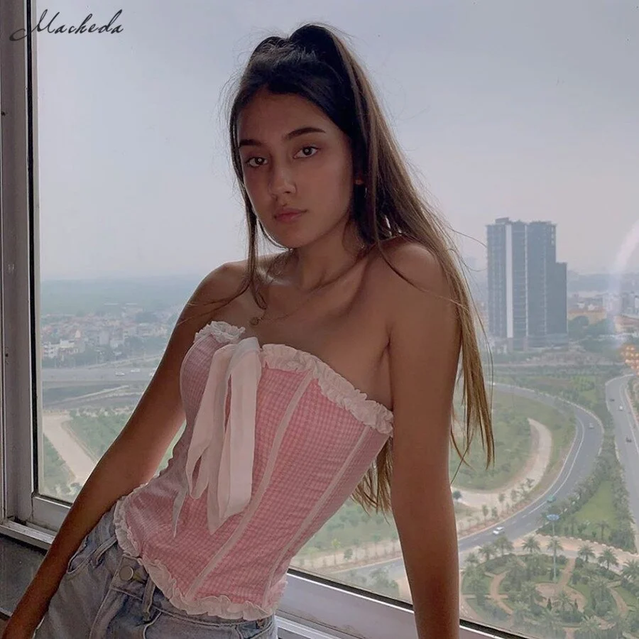 macheda autumn Harajuku vintage plaid Strapless bow slim Tube top   vest women2019 elegant bodycon short camisole t-shirt
