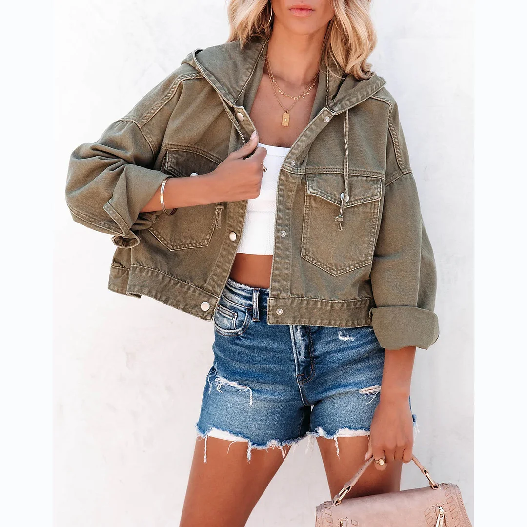 Women's Cowboy Denim Jacket Hoodie Loose Pocket Jacket