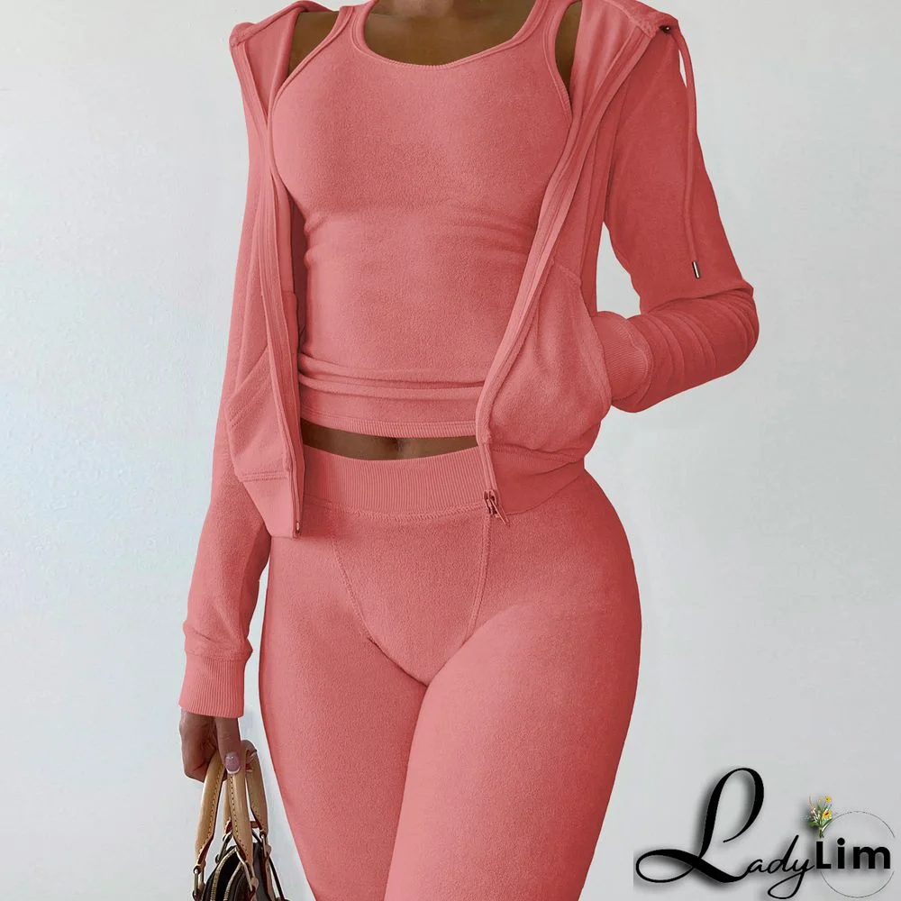 Women's Autumn/Winter Fleece Vest Hooded Three-Piece