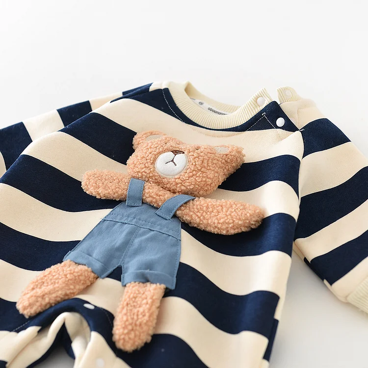 Baby Boy/Girl Crewneck Stripe and Embroideried Bear Long Sleeve Snap Romper