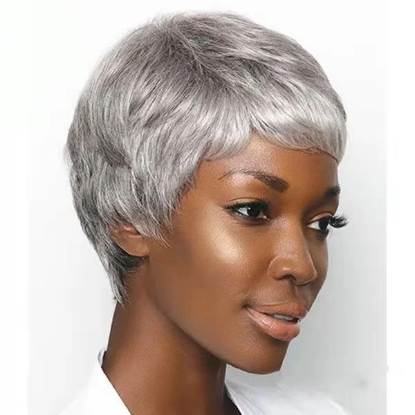 New Chemical Fiber Wig European and American Wig Female Short Hair Silver Gray Mechanism Chemical Fiber Headgear-Hoverseek