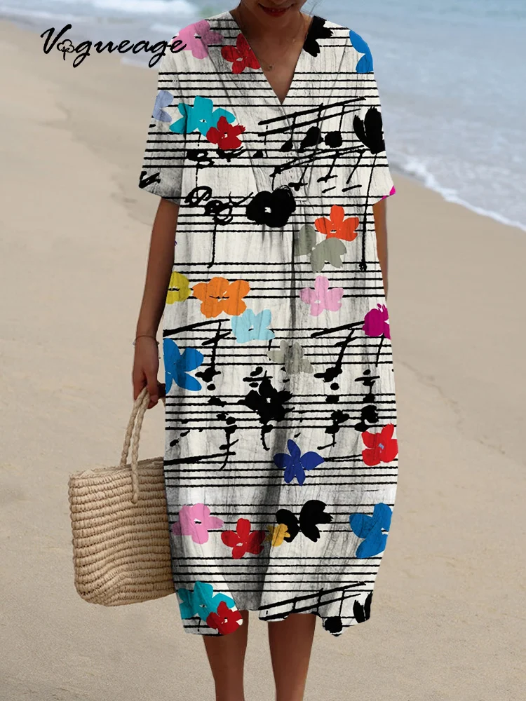 Fashion Hand-Painted Stave Flowers Printed Women's Casual Cotton And Linen Dress