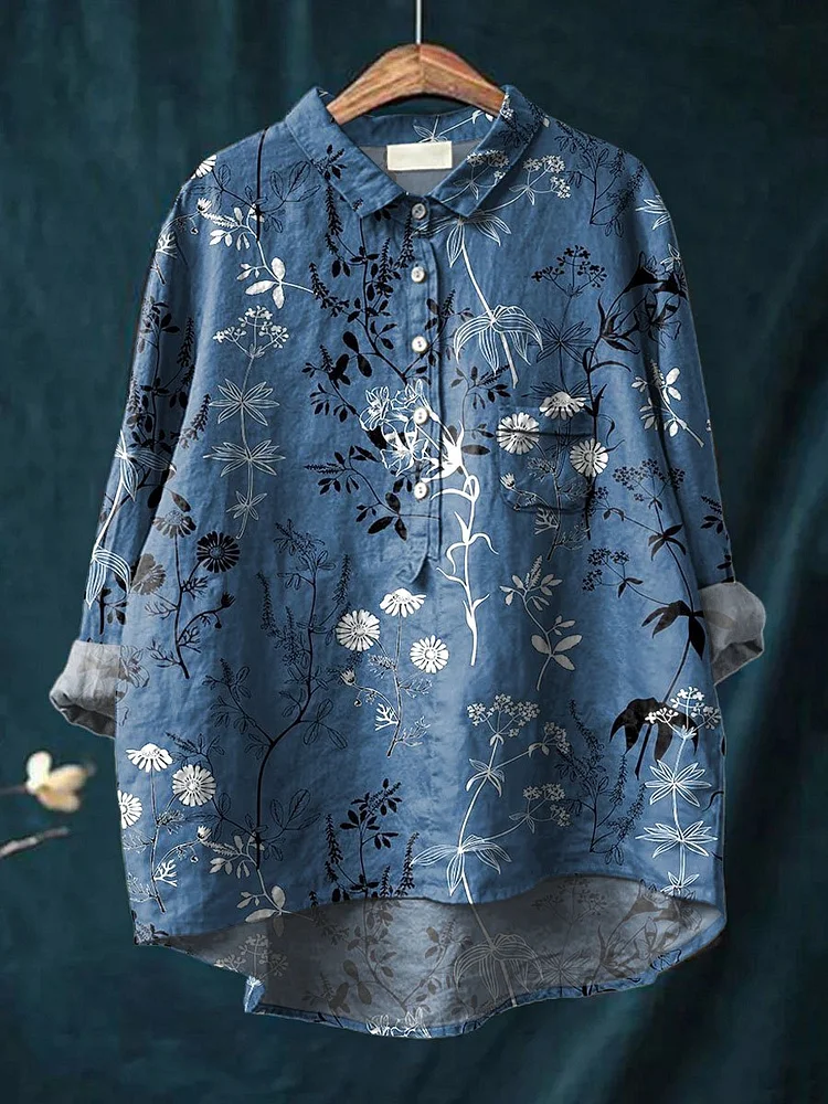 Women's Vintage Floral Art Print Casual Cotton And Linen Shirt