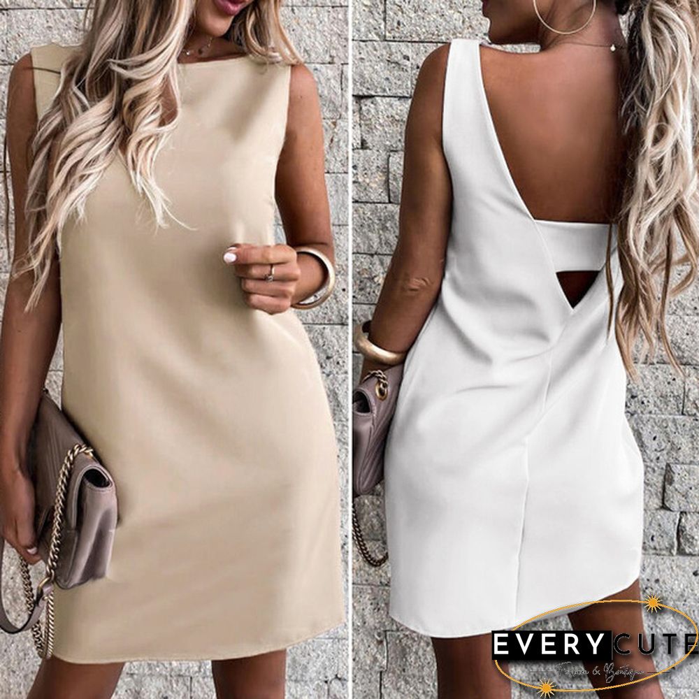 Summer Retro Women Party Sleeveless Holiday Slim Sundress Wedding Round Neck Backless Mini Shirt Dress