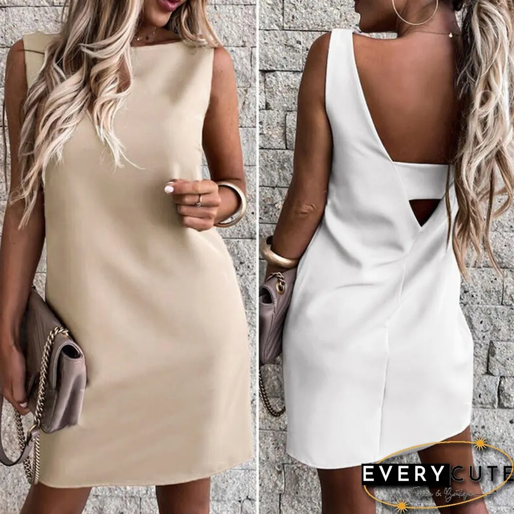 Summer Retro Women Party Sleeveless Holiday Slim Sundress Wedding Round Neck Backless Mini Shirt Dress