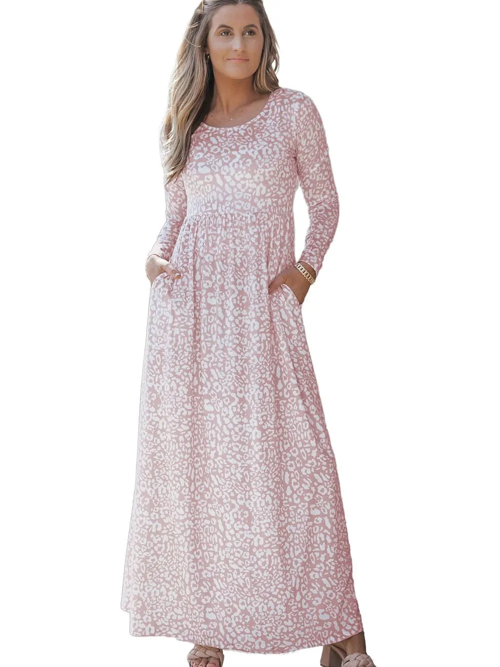 Leopard Print High Waist Maxi Dress with Long Sleeves and Pockets