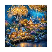 Golden Tree Snowy Village - Pearls Painting