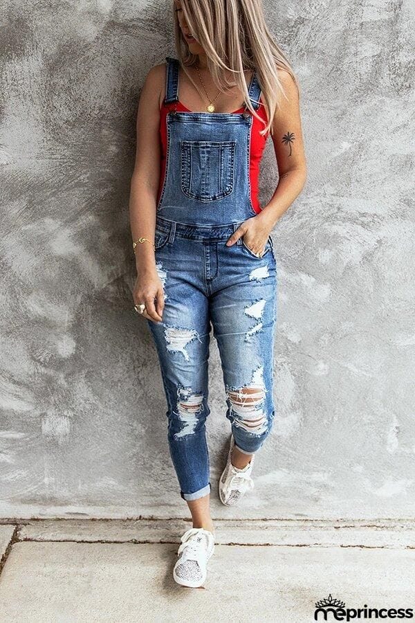 Retro Ripped Stretch Denim Overall
