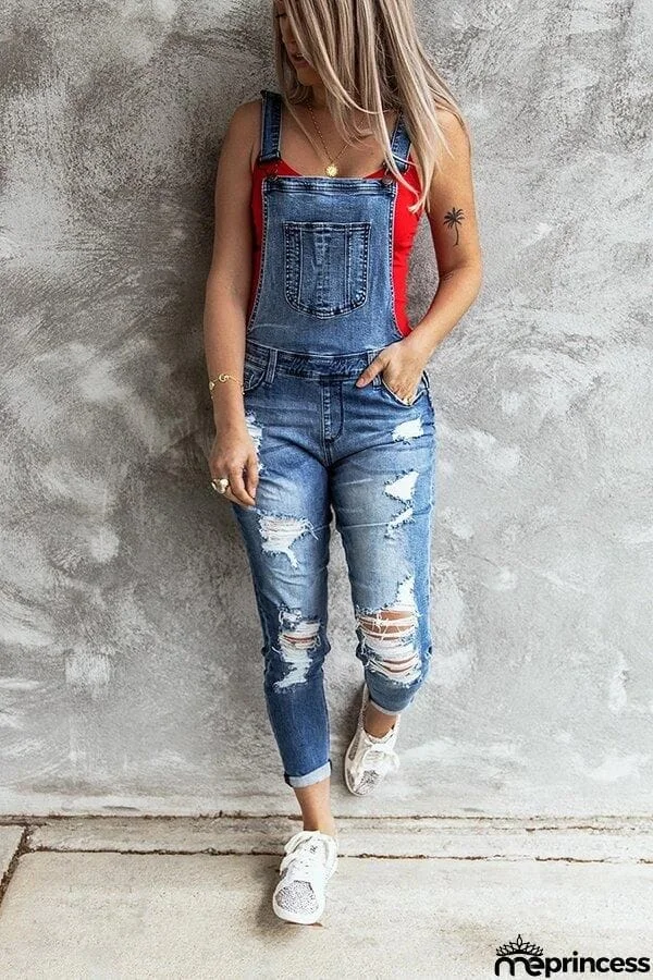 Retro Ripped Stretch Denim Overall