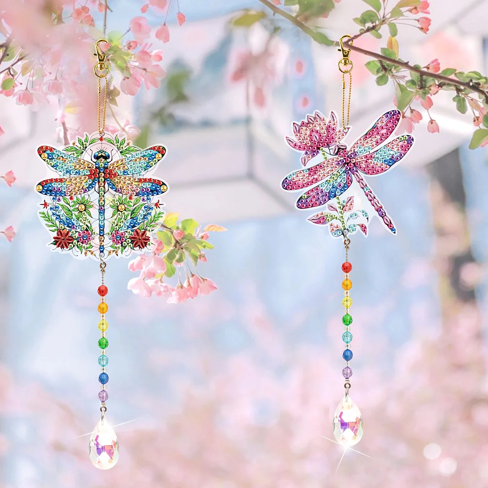 2Pcs Diamond Painting Sun Catcher Crystal Painting Ornaments (Flower Dragonfly)
