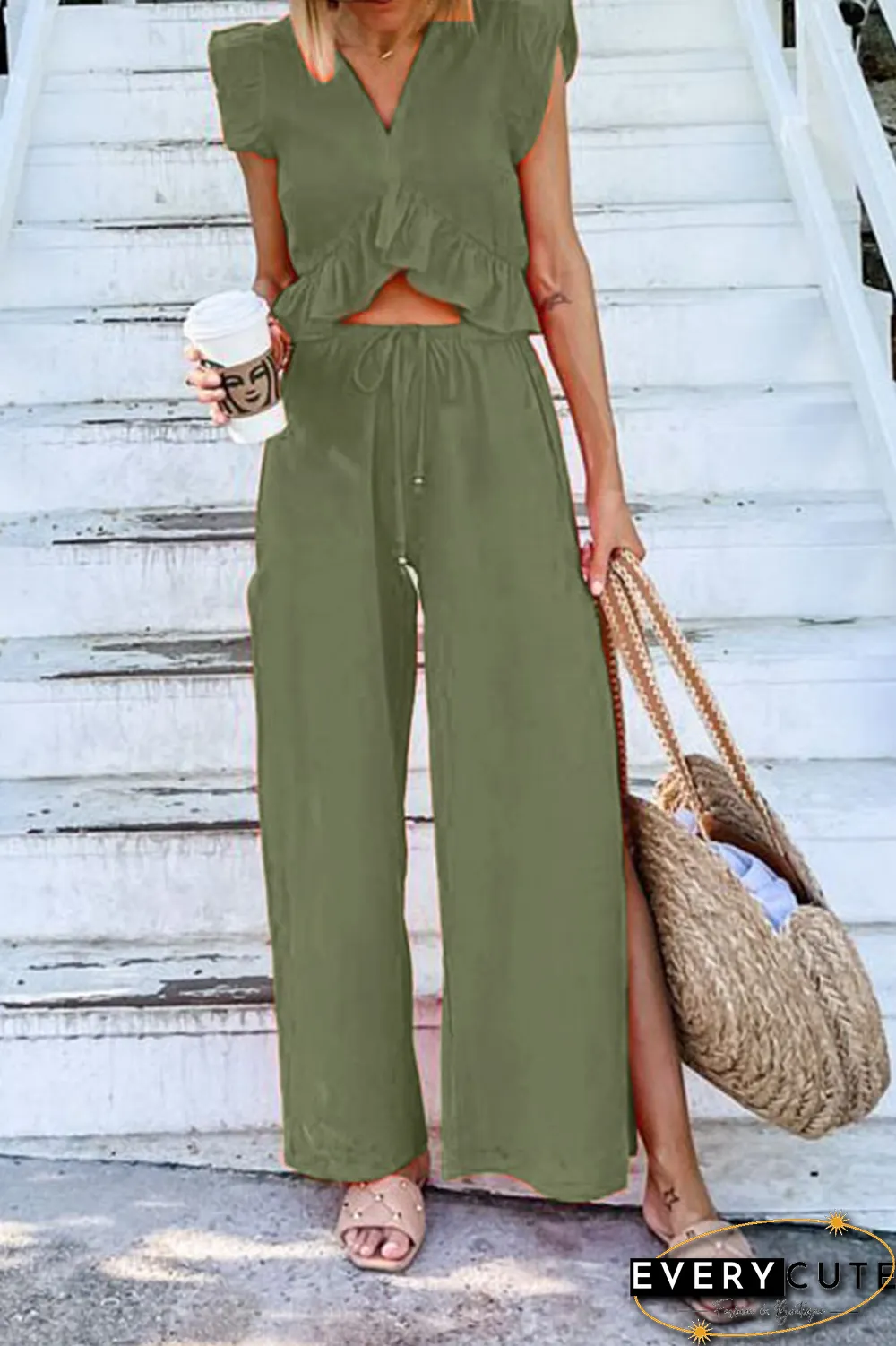 Casual Solid Flounce V Neck Sleeveless Two Pieces(9 Colors)