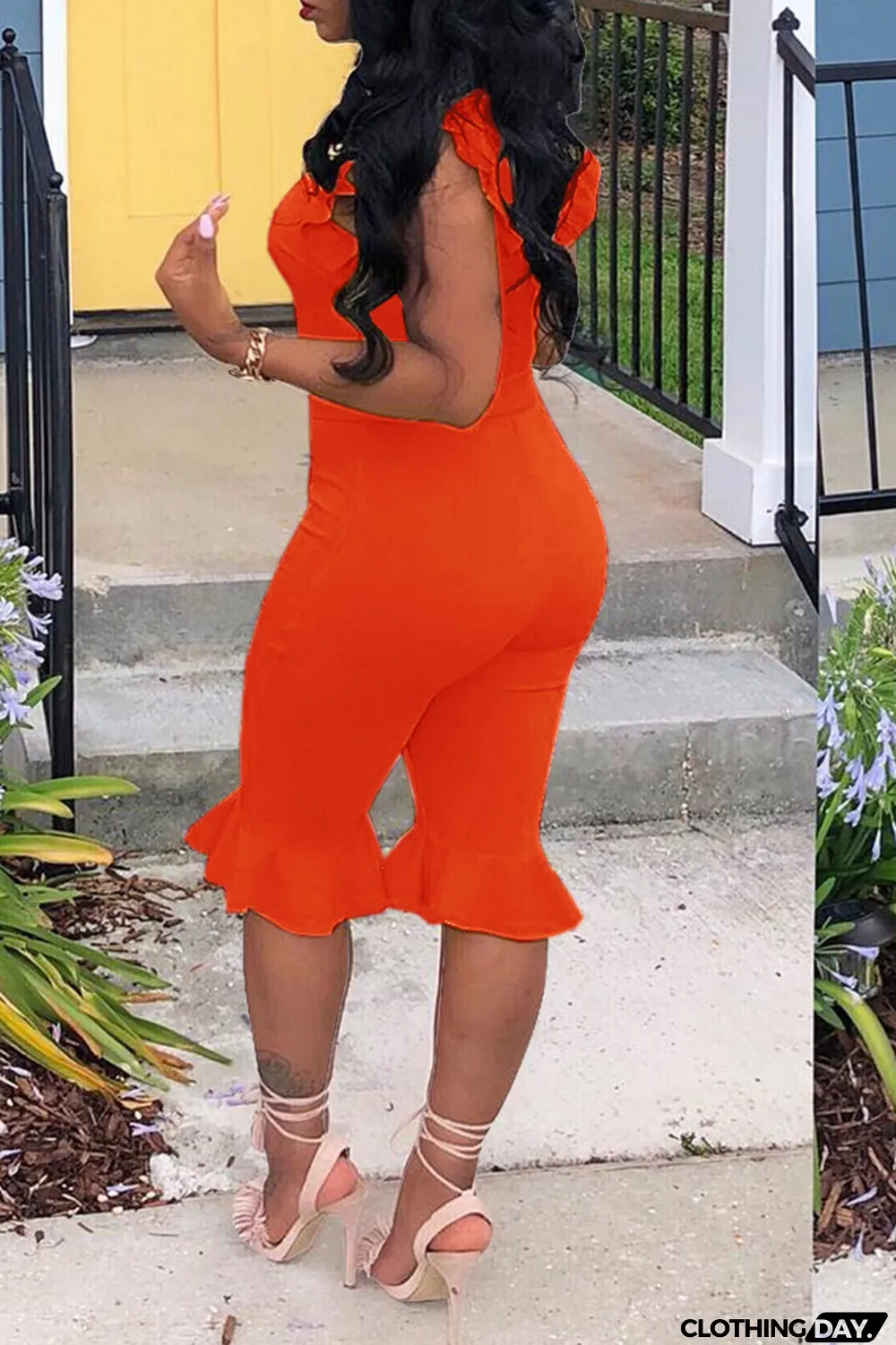 Red Casual Solid Flounce O Neck Regular Jumpsuits