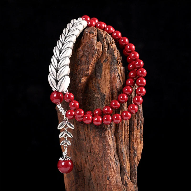 Silver Cinnabar Wheat Pattern Blessing Bracelet