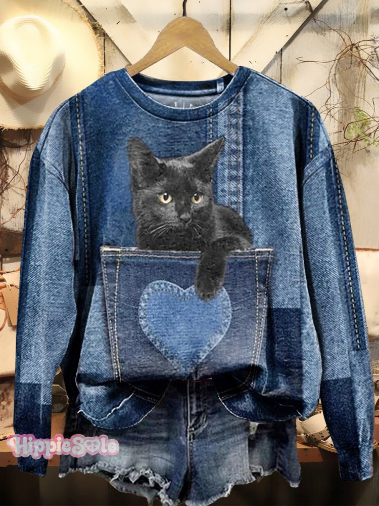 Women’s Vintage Cute Cat Art Prints Casual Sweatshirt Multicolor / S