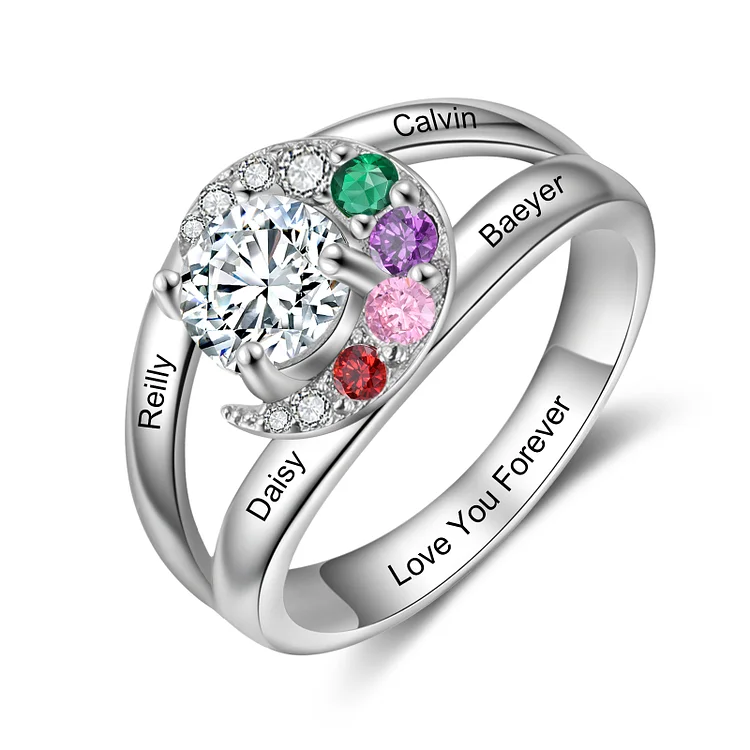 Personalized Moon Ring Custom 4 Birthstones Family Ring for Her
