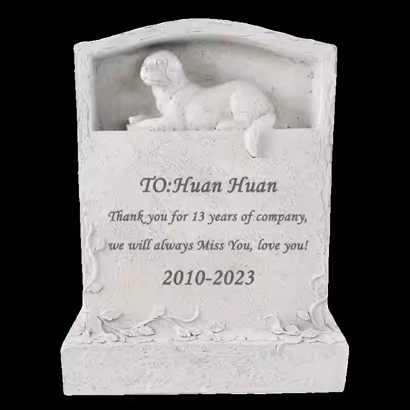 Custom carved resin dog tombstone in the garden 

Pet tombstone with name and date - Outdoor display 

Close-up texture of weather-resistant pet memorial stone 

Personalized dog tombstone
