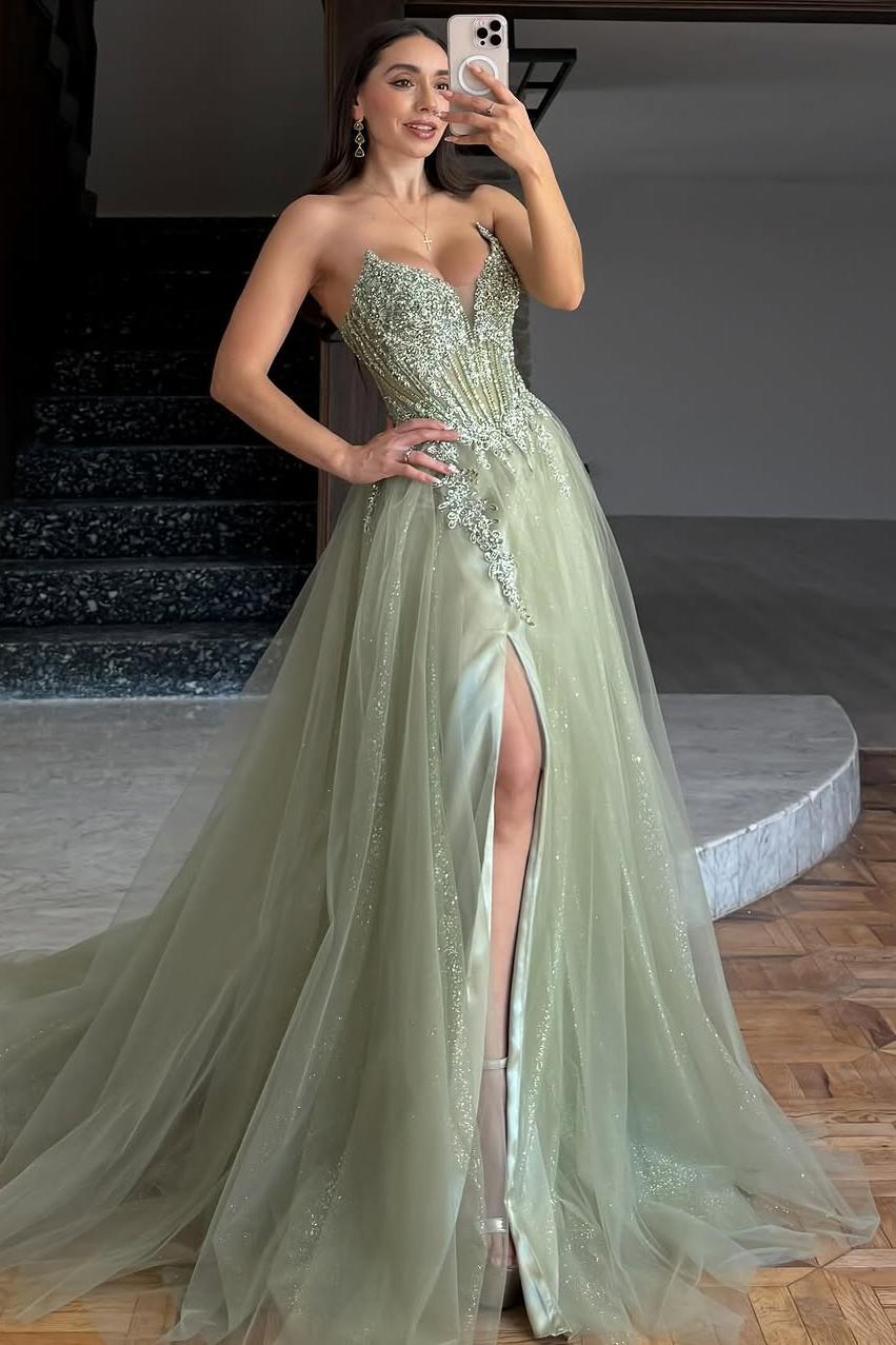 Lussooy Dusty Sage Beautiful Tulle Strapless Sleeveless Long Split Prom Dress with Beadings 