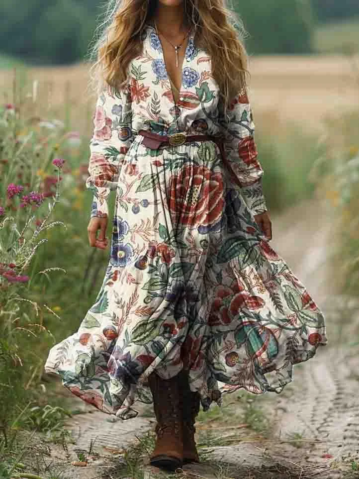 Women's Ethnic Floral Art Print Pocket Cotton Dress