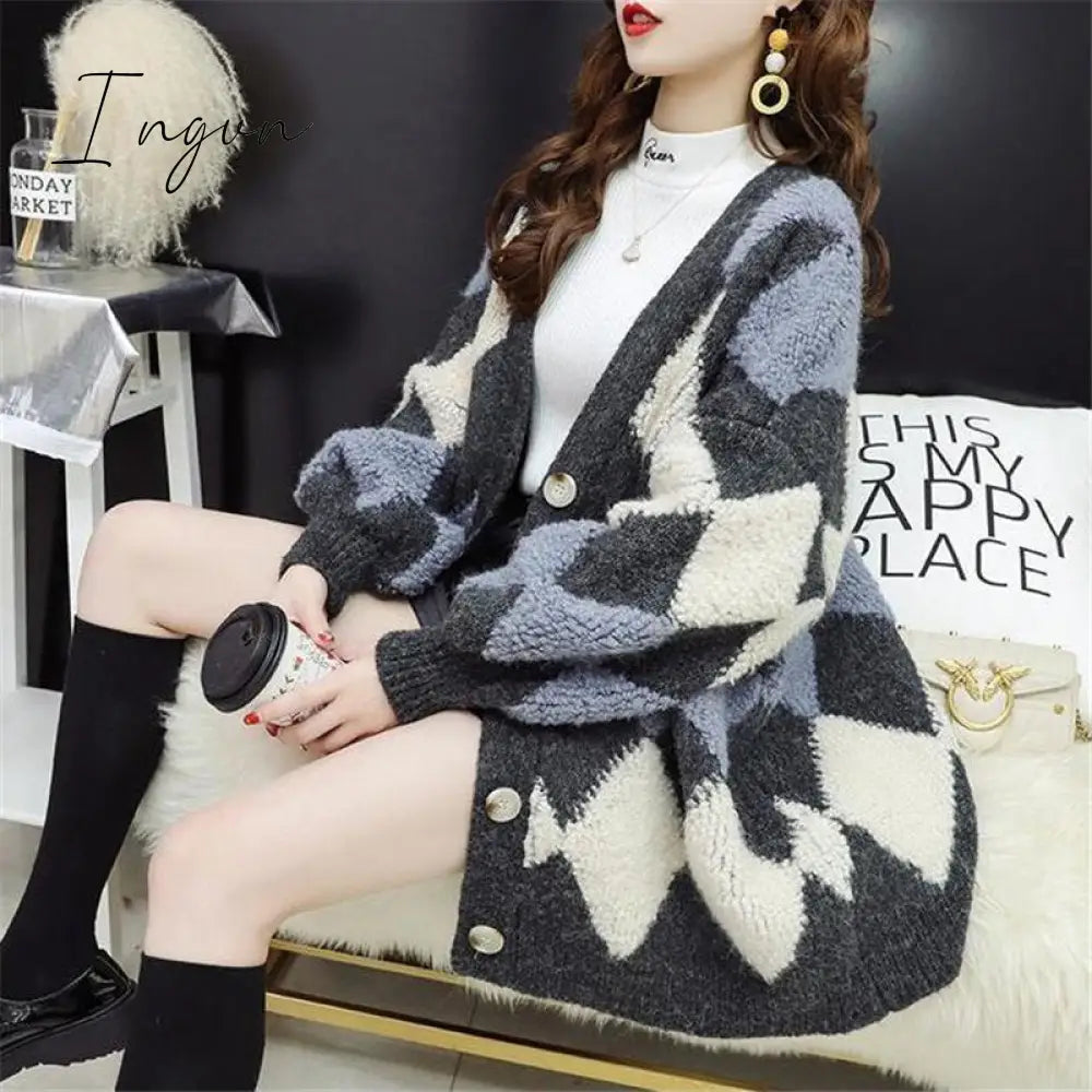 Ingvn - Womens Fashion Spring Winter Women’s Plaid Plus Velvet Warm Knitted Sweaters Cardigans