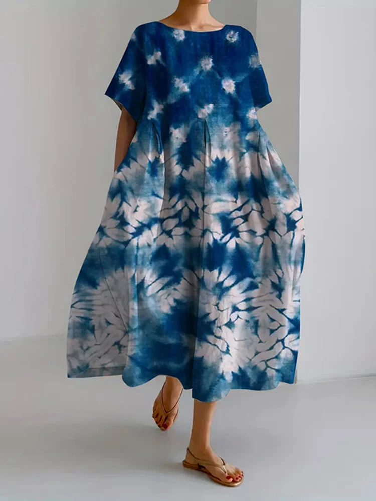 Tie-Dye Art Print Short Sleeved Casual Midi Dress