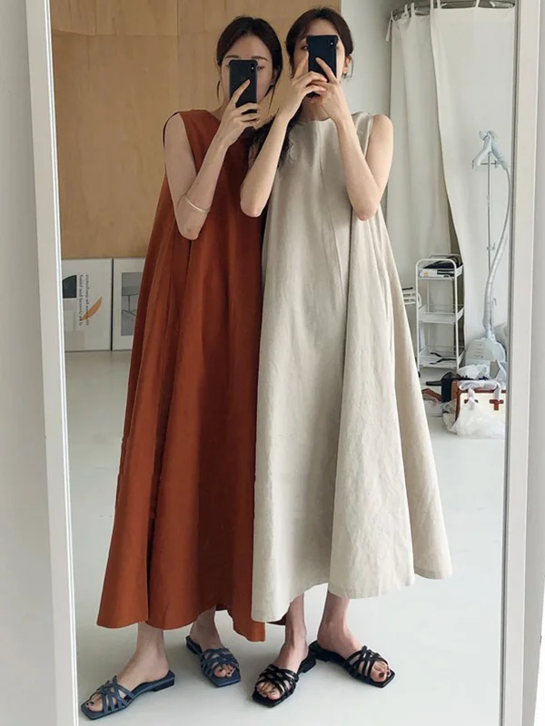 Chic Minimalist Pure Color Sleeveless Ramie Cotton Roomy Dress