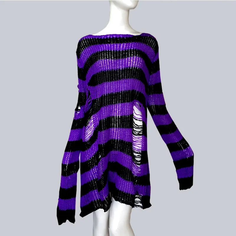 Plus Size Punk Gothic Long Unisex Sweater Dress Women Man Striped Cool Hollow Out Hole Broken Jumper Loose Rock Thin Sweter 2021