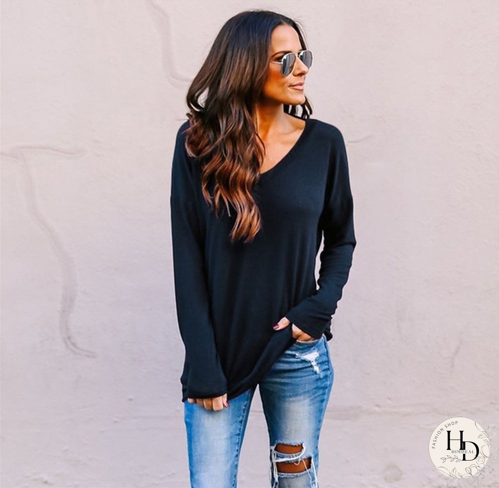 Spring/Autumn Solid V-neck Long Sleeve Backless Top Casual Loose T Shirt Women Tops