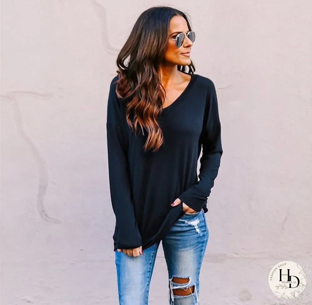 Spring/Autumn Solid V-neck Long Sleeve Backless Top Casual Loose T Shirt Women Tops
